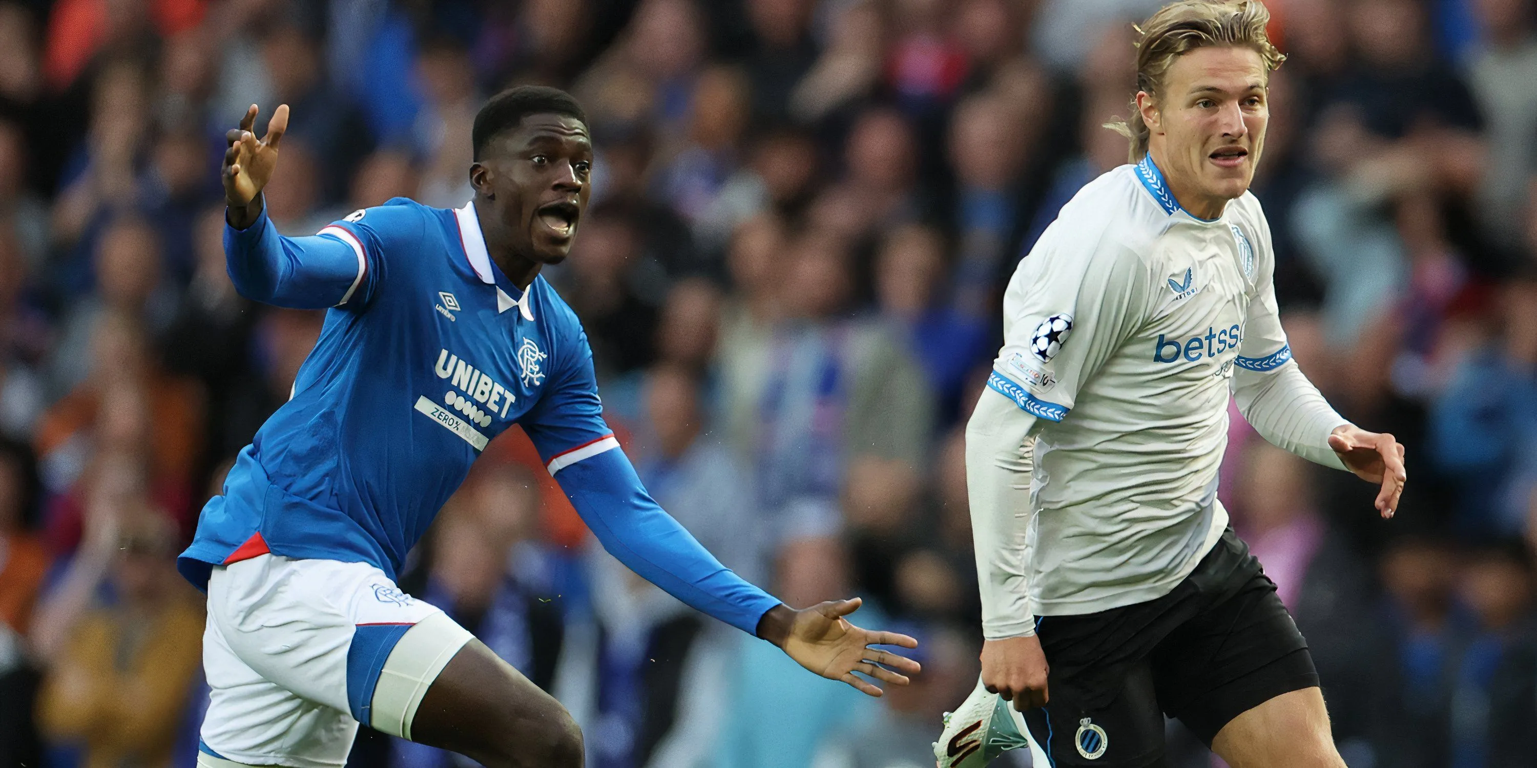 Trung vệ Nasser Djiga trong màu áo Rangers đối đầu Club Brugge tại Champions League, phong độ đáng báo động